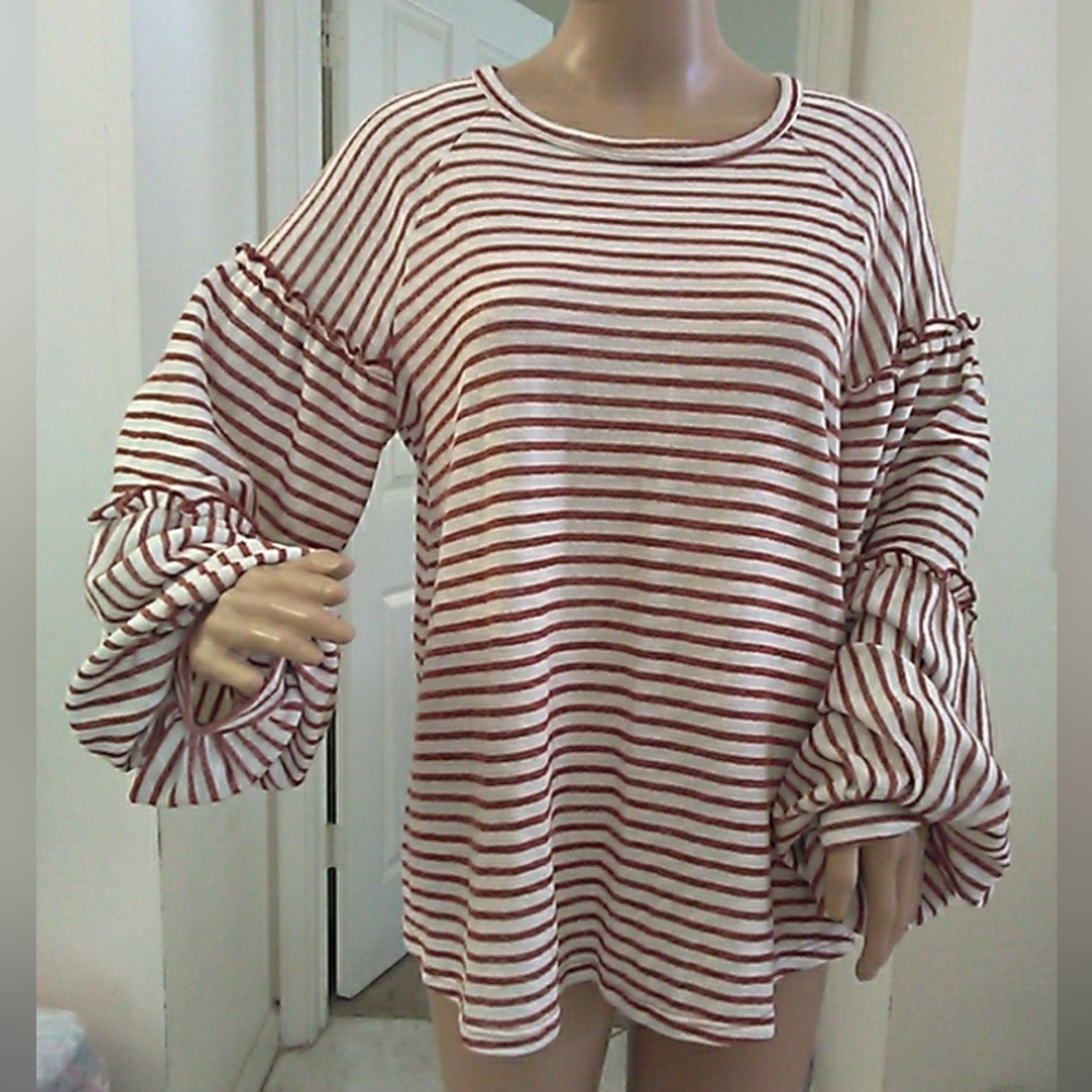HAILEY & CO. Striped Ruffle Sleeve Top - REDDISH BROWN & White SZ. LG  DARLING !